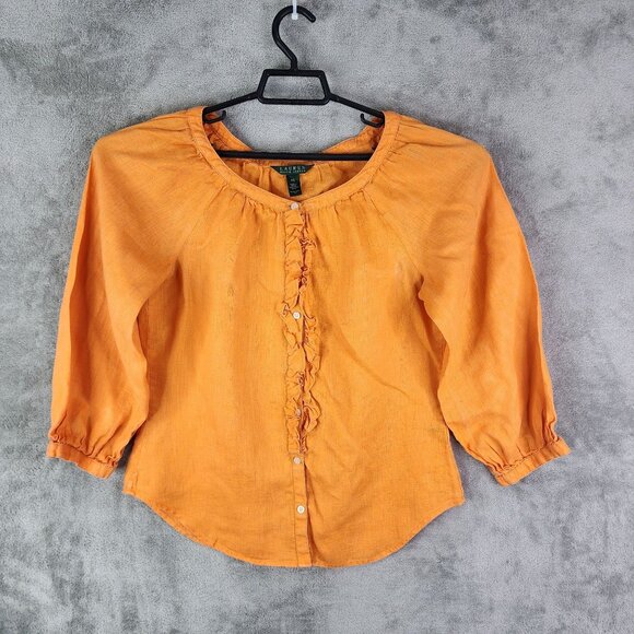 Womens Orange Lauren Ralph Lauren 100% Linen Blouse Top 3/4 Sleeves button up XS - Picture 2 of 10